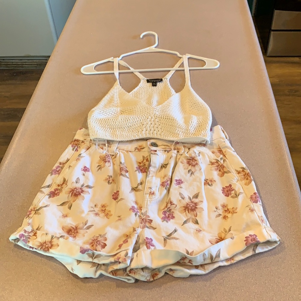 White Crop with floral jean shorts.